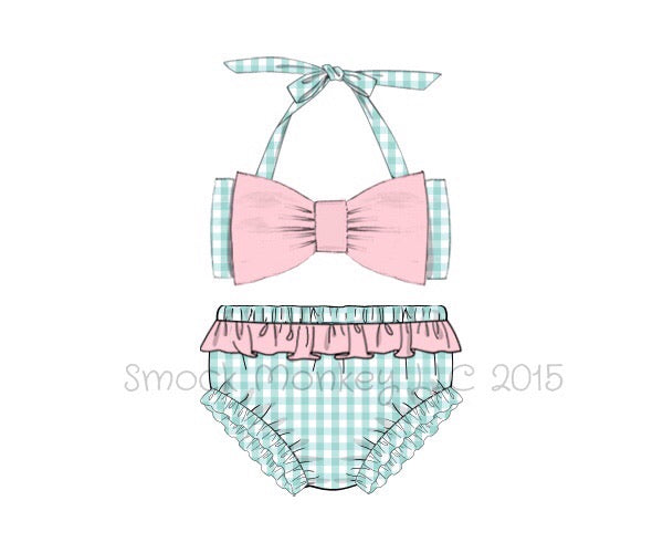 Girl's mint gingham two piece "BOW" swim suit (12m)