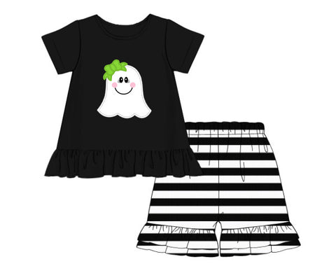 Girl's applique "GHOST" black knit short sleeve ruffle shirt and black striped short set (12m)