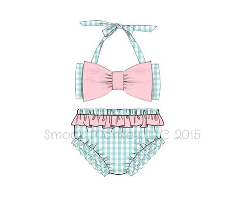 Girl's mint gingham two piece "BOW" swim suit (12m)