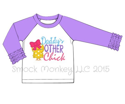 Girl's applique "DADDY's POLKA DOT OTHER CHICK" white and lavender knit l/s ruffle baseball shirt (6m,9m)