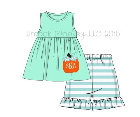 Girl's applique "PUMPKIN" mint striped knit sleeveless swing top and mint striped short set (NO MONOGRAM) (9m)