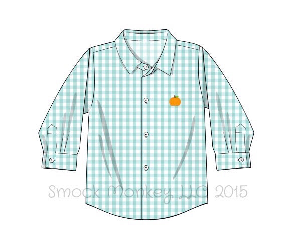 Boy's embroidered "PUMPKIN" mint gingham long sleeve button down shirt (12m,18m)