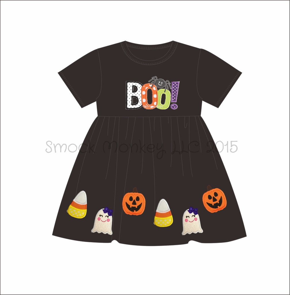 Girl's applique "BOO!" black short sleeve knit swing dress (9m)