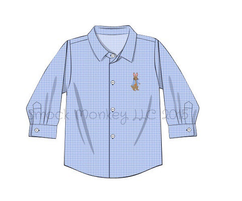 Boy's embroidered "PETER RABBIT" blue microgingham long sleeve button down shirt (6m)