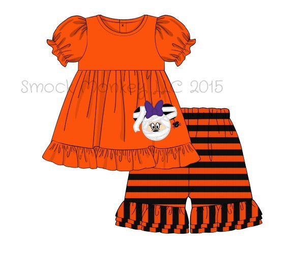 Girl's applique "SCARY MOUSE" orange short sleeve ruffle shirt and orange and black striped knit ruffle shorts (6m)