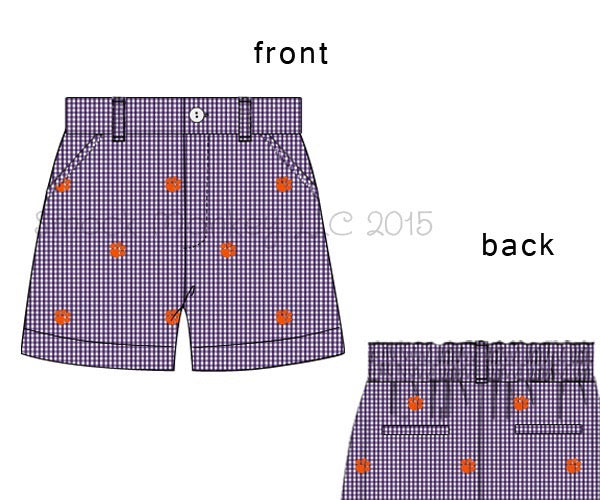 Boy's embroidered "PAWS" purple microgingham pocket shorts (3m)