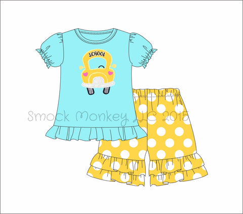 Girl’s appliqué "SCHOOL BUS" light aqua short sleeve ruffle top and yellow polka shorts (9m)