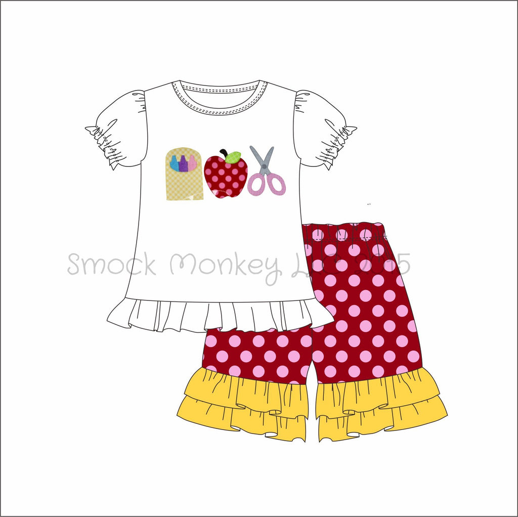 Girl's applique "SCHOOL SUPPLIES" white short sleeve ruffle top and red and pink polka shorts (18m)