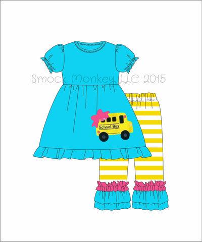 Girl's applique "SCHOOL BUS" aqua short sleeve swing top and yellow striped knit pants (24m)