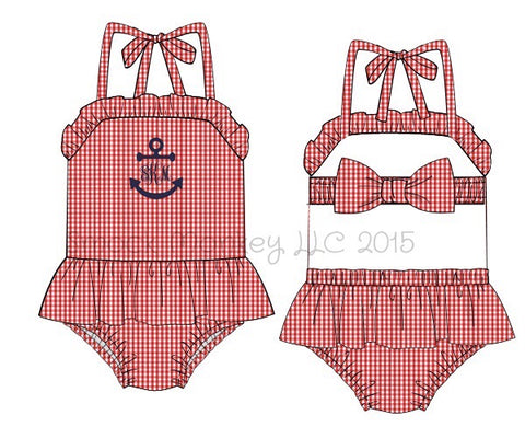 Girl's applique "BLANK - NO ANCHOR DESIGN" red gingham one piece ruffle swim suit (NO MONOGRAM) (3m,6t,8t)