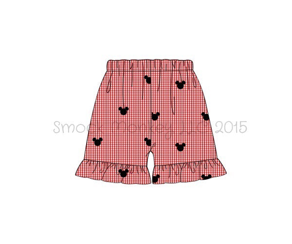 Girl's embroidered "MOUSE" red microgingham ruffle shorts (12m)