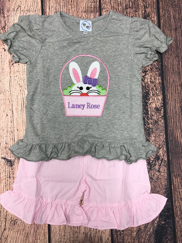 Girl's applique "BUNNY BASKET" gray short sleeve shirt and pink microgingham short set "LANEY ROSE" (4t)