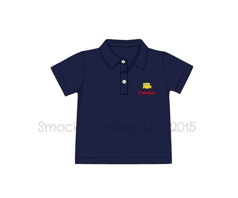 Boy's embroidered "WHEELS ON THE BUS" navy short sleeve polo style shirt (NO MONOGRAM) (24m)
