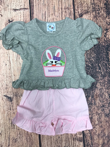Girl's applique "BUNNY BASKET" gray short sleeve shirt and pink microgingham short set "COLLINS" (NB)