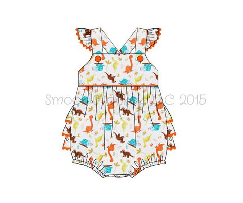 Girl's "DINOSAURS" ruffle sleeve print ruffle bum bubble (24m)