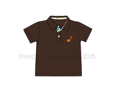 Boy's embroidered "DINOSAUR" brown knit short sleeve polo shirt with dinosaur print button hole (7t)