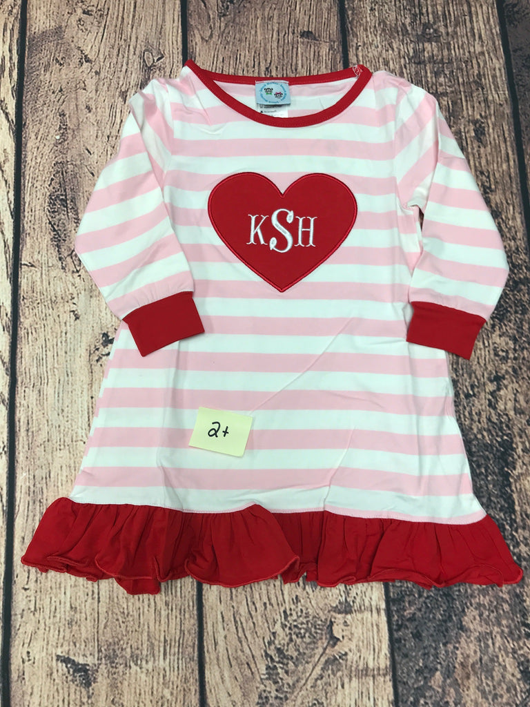 Girl's applique "HEART" pink striped knit long sleeve dress "KSH" (2t)