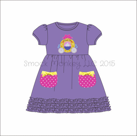 Girl's applique "PRINCESS BUS" lavender short sleeve knit swing dress with fringe trim and pockets (24m)