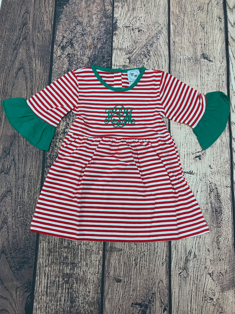 Girl's red and white striped with green ruffles knit swing dress "HBM" (24m)