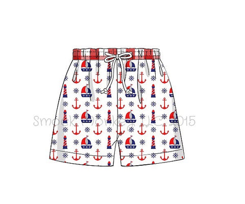Boy's "ANCHORS AND LIGHTHOUSES" print swim trunks with red gingham waistband (NO MONOGRAM) (3m)