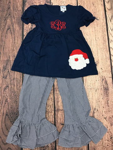 Girl's applique "SANTA" navy short sleeve swing top and blue microgingham ruffle pant set "EBE" (4t)