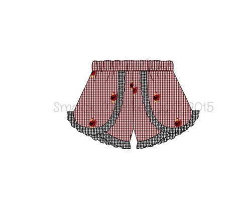 Girl's embroidered "CHICKENS" garnet microgingham with black trim shorts (12m)