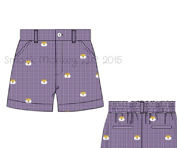 Boy's embroidered "GOLD TIGERS" purple microgingham pocket shorts (10t)