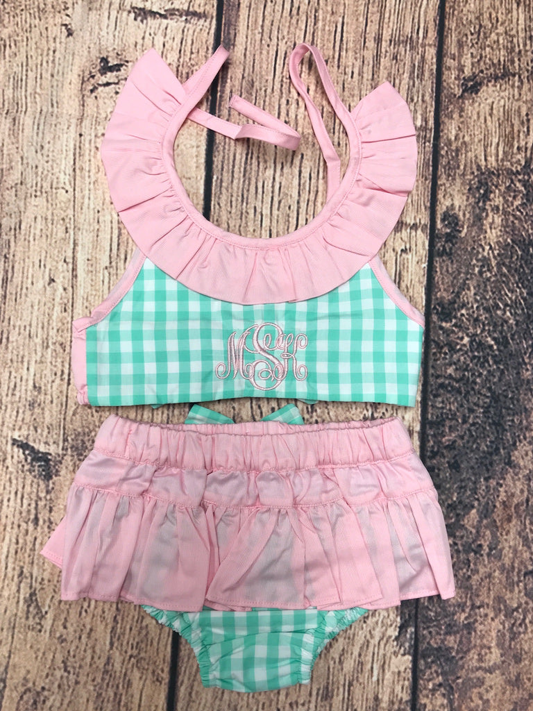 Girl's mint gingham two piece swim suit "MSK” (2t)