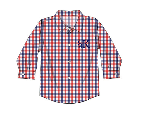 Boy's red and blue gingham button down shirt (NO MONOGRAM) (24m,2t)