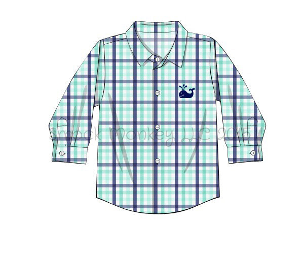 Boy's embroidered "WHALE" mint/navy plaid button down shirt (3m,9m)