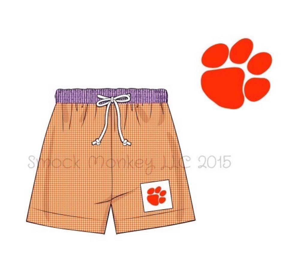 Boy’s smocked “PAW” orange microgingham swim trunks (18m,7t)