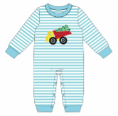 Boy's applique "CHRISTMAS DUMP TRUCK" knit blue striped long sleeve romper (NB to 4t)
