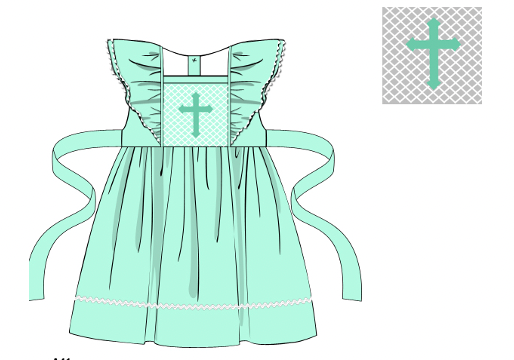 Girl's smocked "CROSS" angel wing mint dress with sash (2t,5t)