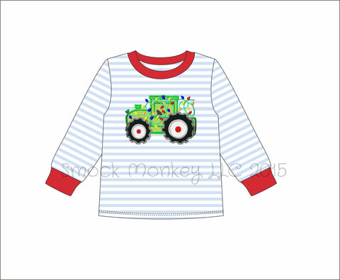 Boy's applique "CHRISTMAS TRACTOR" knit blue striped long sleeve shirt (12m to 10t)