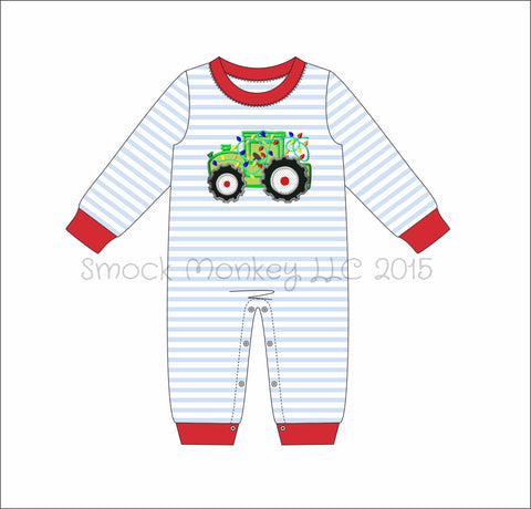Boy's applique "CHRISTMAS TRACTOR" knit blue striped long sleeve romper (NB, 3m, 6m, 9m, 24m, 3t, 4t)