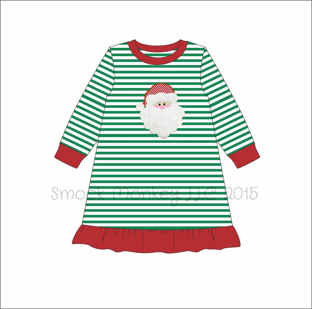 Girl's applique "SANTA" knit green striped long sleeve ruffle night dress (24m,2t,8t)