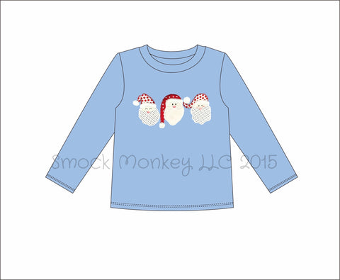 Boy's applique "3 SANTAS" knit blue long sleeve shirt (NB)