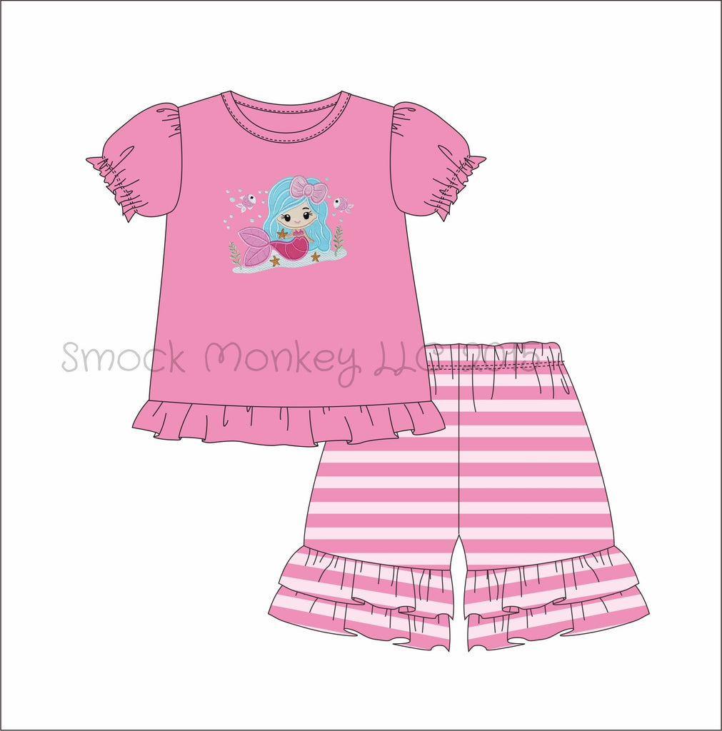 Girl’s applique “MERMAID” pink short sleeve shirt and pink striped ruffle short set (18m,24m,2t,3t,7t,8t,10t,12t)