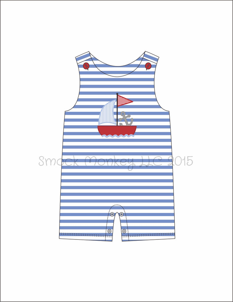 Boy’s applique “ANCHOR BOAT” blue striped knit shortall (NB 6m)