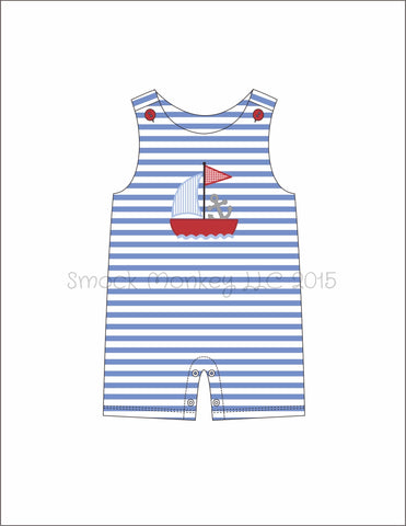 Boy’s applique “ANCHOR BOAT” blue striped knit shortall (NB 6m)