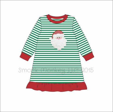 Girl's applique "SANTA" knit green striped long sleeve ruffle night dress (24m)