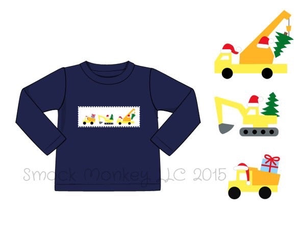 Boy’s smocked "CHRISTMAS CONSTRUCTION" navy knit long sleeve knit shirt (6m,9m,12m,24m,8t)