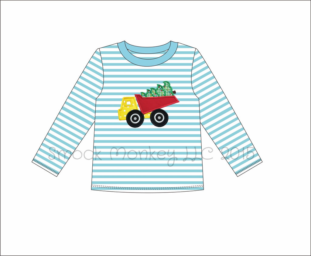 Boy's applique "CHRISTMAS DUMP TRUCK" knit blue striped long sleeve shirt (12m,18m,24m,2t,6t,7t)
