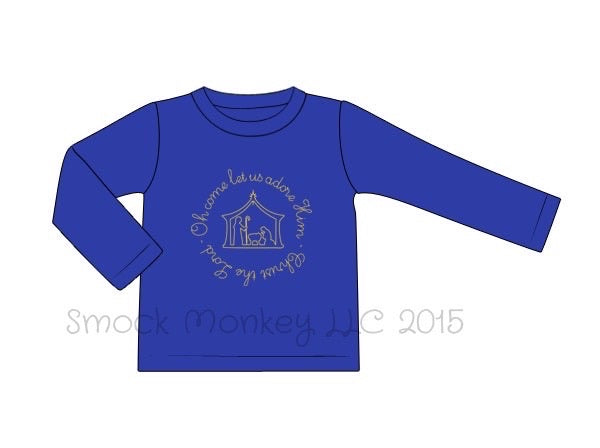 Boy’s stitched "NATIVITY" royal blue knit long sleeve knit shirt (6m,9m,12m,18m,2t,7t,8t)