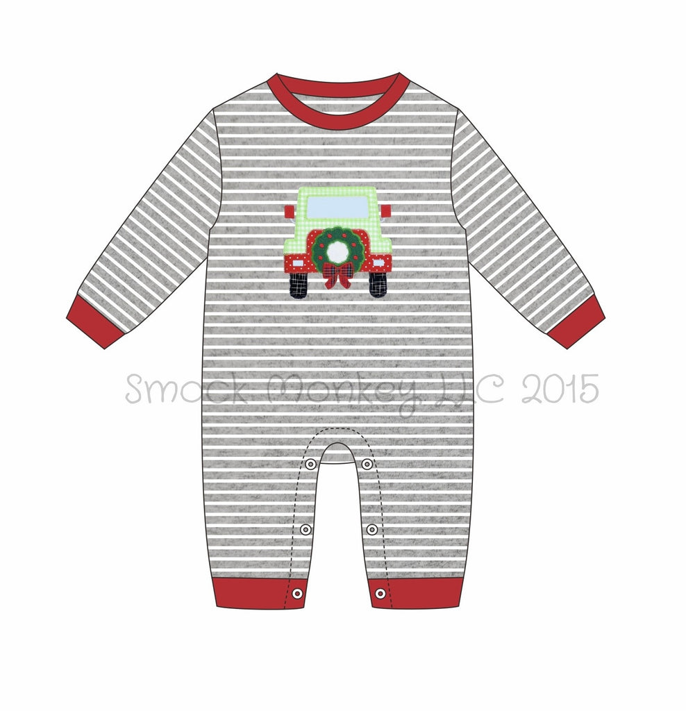 Boy's applique "CHRISTMAS JEEP" gray striped long sleeve romper (12m)