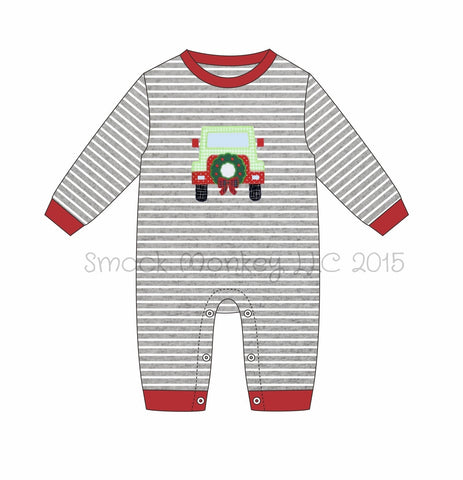 Boy's applique "CHRISTMAS JEEP" gray striped long sleeve romper (12m)