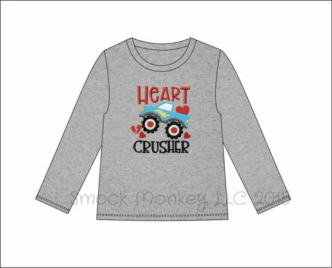 Boy's applique "HEART CRUSHER" gray long sleeve shirt (NB,3m,6m,8m,12m,18m,10t,12t,14t)