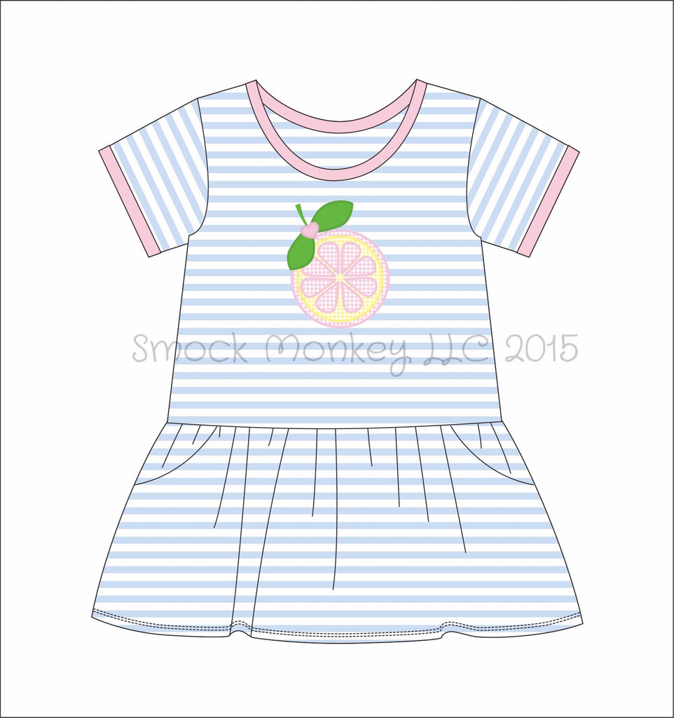 Girl’s applique “SWEET AS LEMONS ” blue striped short sleeve pocket dress (2t)