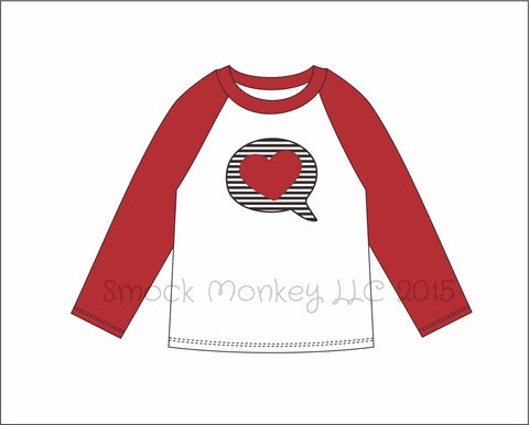 Boy's applique "CONVERSATION BUBBLE" white baseball shirt with red sleeves (NB 3m 6m 9m 12m 18m 24m 2t 3t 4t 5t 6t 7t 10t 12t 14t)