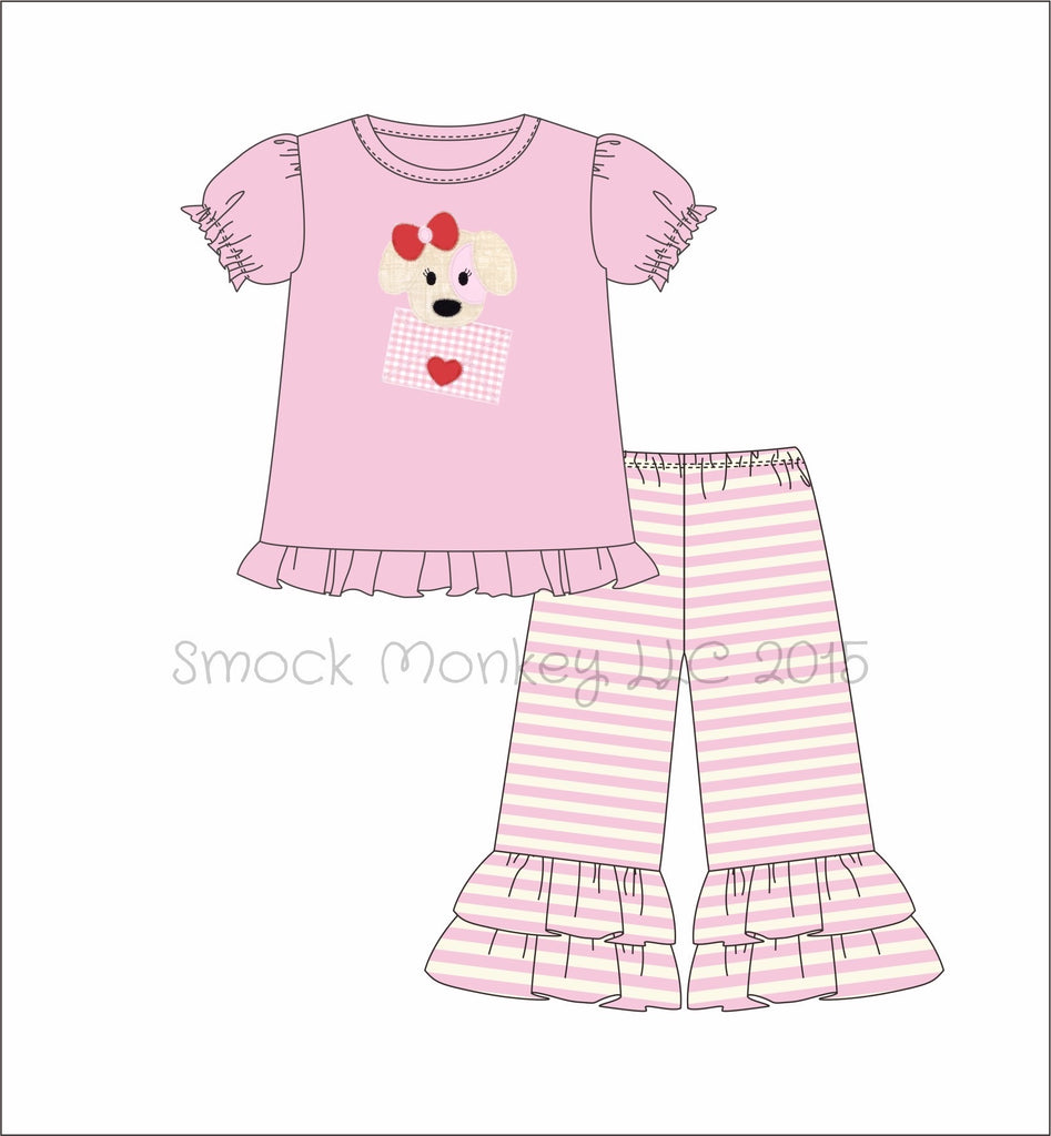 Girl's applique "PUPPY LOVE MAIL" short sleeve pink ruffle shirt and striped ruffle pant set (9m 12m 24m 2t 5t 6t 7t 8t 10t 12t)